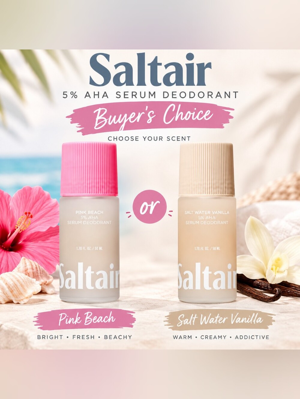 Saltair 5% AHA Serum Deodorant Pink Beach Or Salt Water Vanilla